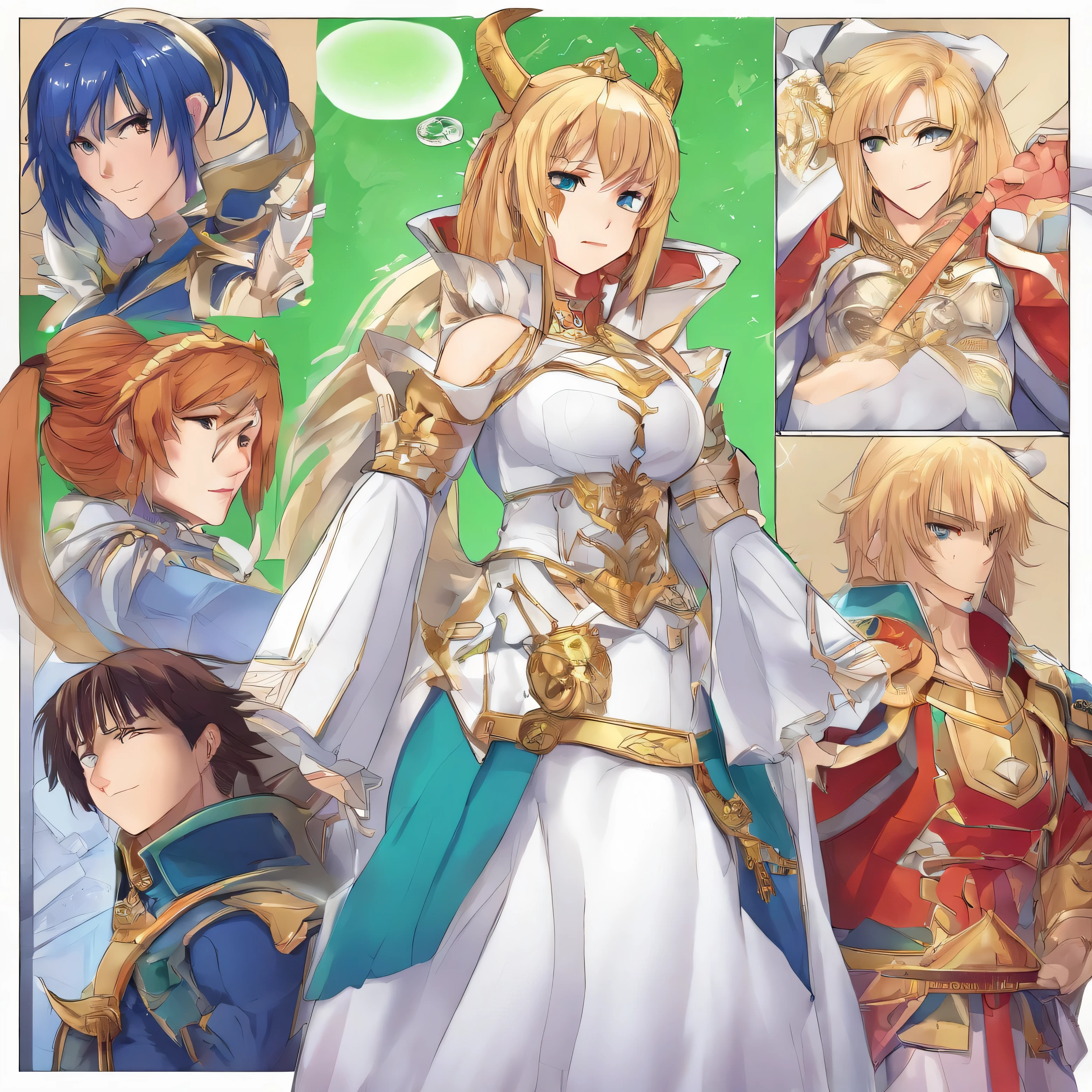 (masterpiece:1.2), (absurdres), (detailed face),(detailed eyes), (best quality) (traditional media:1.2) , (white backround), upperbody, (expressionless), artoria_pendragon_(fate), saber, armor, blonde hair, gauntlets, green eyes, hair ribbon, armored dress, ahoge, blue dress,