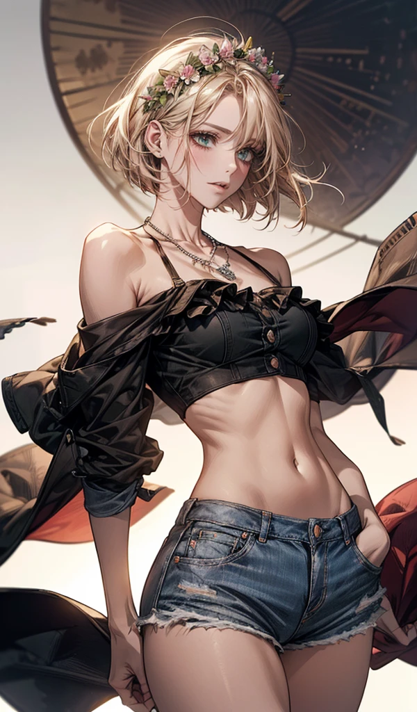 Please follow the all prompts below exactly and faithfully, This is a breathtaking masterpiece of digital illustration, with maximum resolution, UHD, 512K, 2160p, 10 million ppi, 300 million dpi, natural color tones, ultra sharp details, perfect outlines with contrast, ((smooth, soft and clearly and most realistic skin and hair texture)), most beautiful detailed eye features, perfect anatomically correct human body, beautiful background with depth, rule of thirds, depth of field, Maximize all element is used to its full potential to create the best digital illustrations, 1woman, sexy, 25years old, beautiful face sharp, elegant woman, Ultimate perfect body style, beautiful beautiful big breasts, Maximize upturned breasts, green eyes, shiny blonde hair, short hair, bob cut, (eyes visible through hair:1.3), glossy very thick lips, pink lipstick, smile:1.5, Festival Outfit: A crop top with fringe details along the hem and high-waisted denim shorts. The crop top is made of soft, stretchy fabric and has a scoop neckline. The denim shorts are distressed with frayed edges and feature a button fly. The outfit is accessorized with a flower crown and layered necklaces.