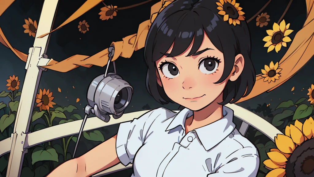 (1girl), indonesian, 20th age, beautiful, white skin, thin chin, gown, sitting on a swing, body facing camera, black hair, short wave hair, anime style, sunflower garden background, perfect anime style