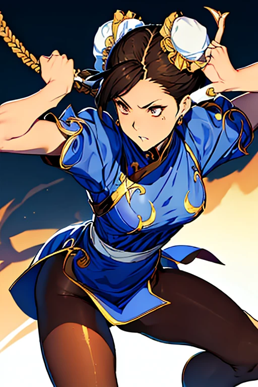 Chun-Li from Street Fight II,Chun-Li Costume,Blue Chinese dress with gold lines,Bunhead,masterpiece、1 beautiful girl、Highest quality, 超High resolution、Body facing forward、(High resolution)、(8K)、(Very detailed),Diagonal bangs、masterpiece, Highest quality, masterpiece, Highest quality, Brown eyes with white sclera, Bad move -5, alone, 1 Girl, Brown Hair, From SF2, Muscular woman, Blue clothes, pantyhose, Pelvic Curtain, Puff short sleeves.
Both hands tied with rope。
Both legs are tied with ropes。
On one knee。
pantyhoseは切り刻まれている。
The blue cheongsam is cut into pieces。
Bleeding from arms or legs。
Crippling。
I am in agony。
engulfed in flames。