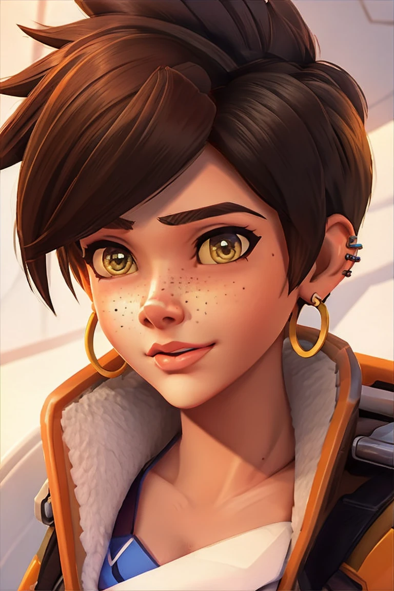 VHS cover for a porn starring tracer. hoop-earings. biting her lip. naked. nude. slut. small_boobs. freckles. pornstar nsfw