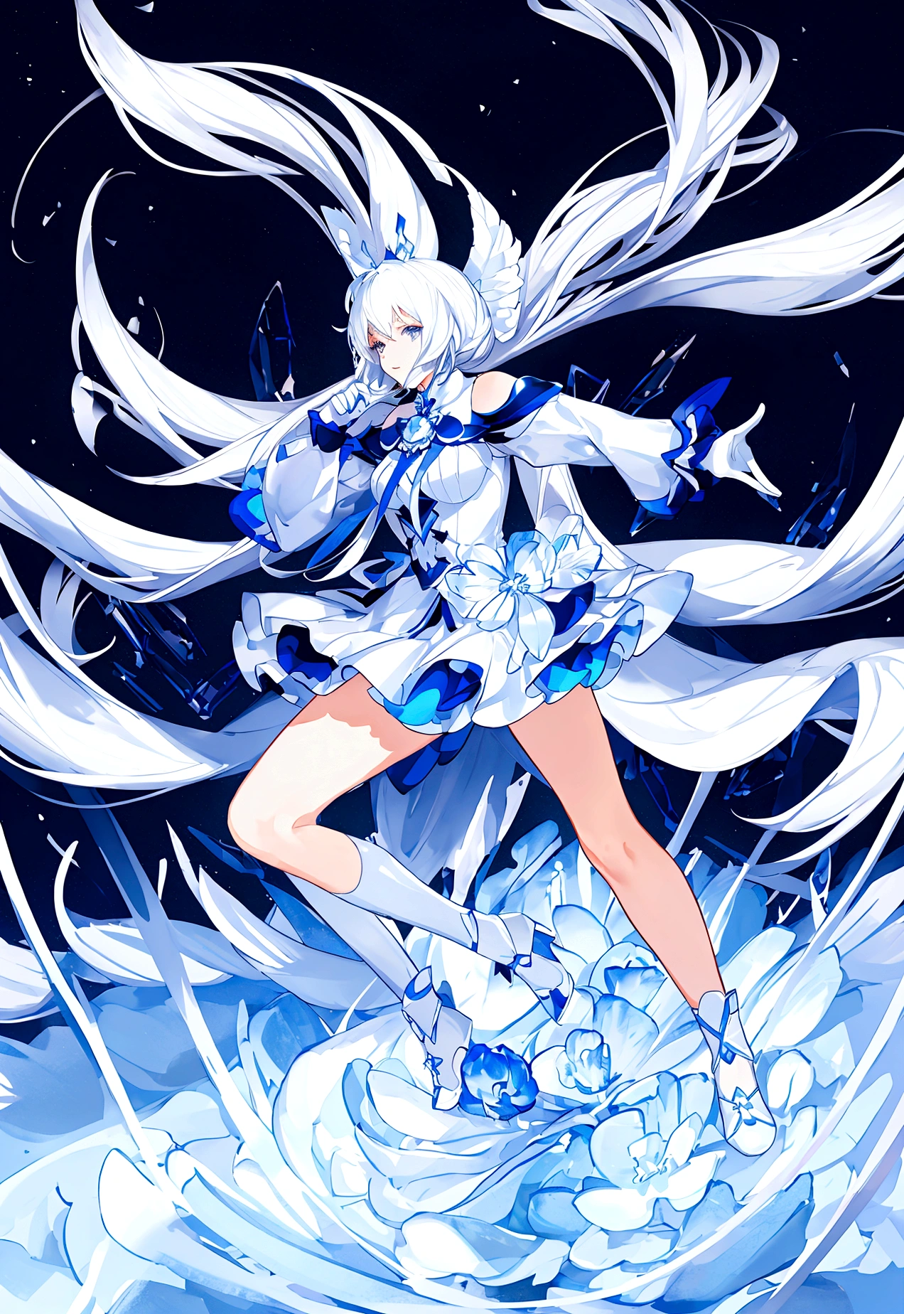 Character (woman) (white long hair) (white mini-style clothing) (character in dynamic pose) (full body) (smooth color blend) (proper) (blue morph around)