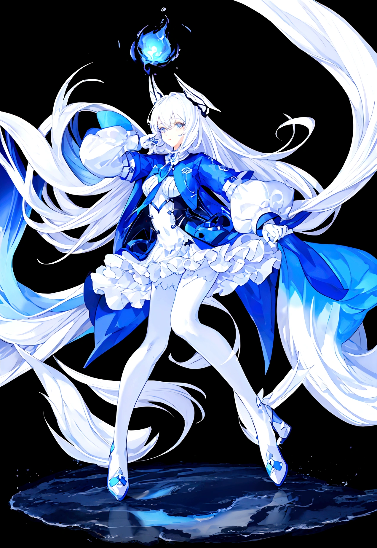 Character (woman) (white long hair) (white mini-style clothing) (character in dynamic pose) (full body) (smooth color blend) (proper) (blue morph around)