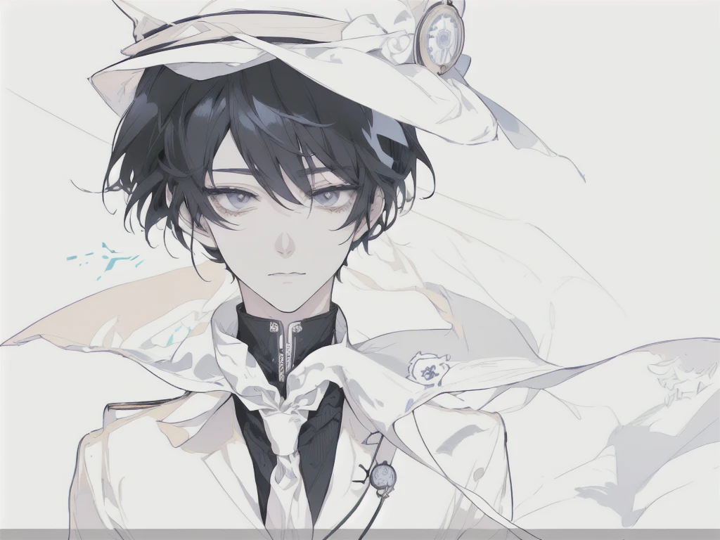anime boy in a white suit and hat holding a stopwatch, holding a pocket watch, inspired by Okumura Togyu, 2 d anime style, he is wearing a top hat, wearing a monocle, cel shaded anime, cel - shaded art style, he is wearing a hat, inspired by Junpei Satoh