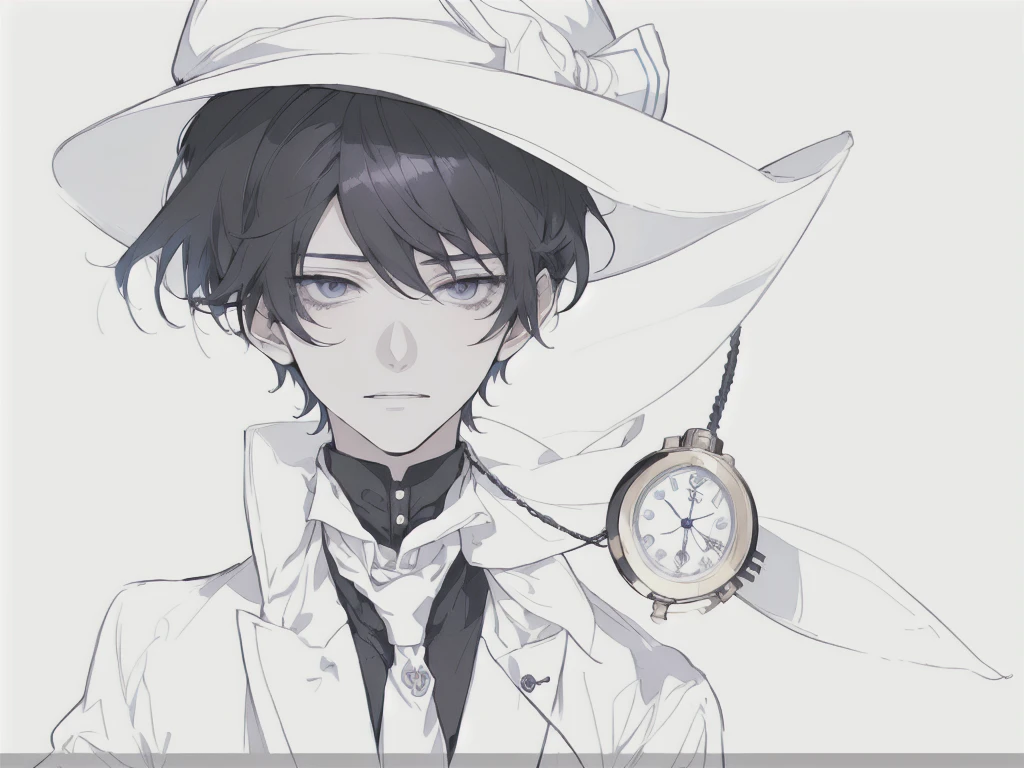 anime boy in a white suit and hat holding a stopwatch, holding a pocket watch, inspired by Okumura Togyu, 2 d anime style, he is wearing a top hat, wearing a monocle, cel shaded anime, cel - shaded art style, he is wearing a hat, inspired by Junpei Satoh