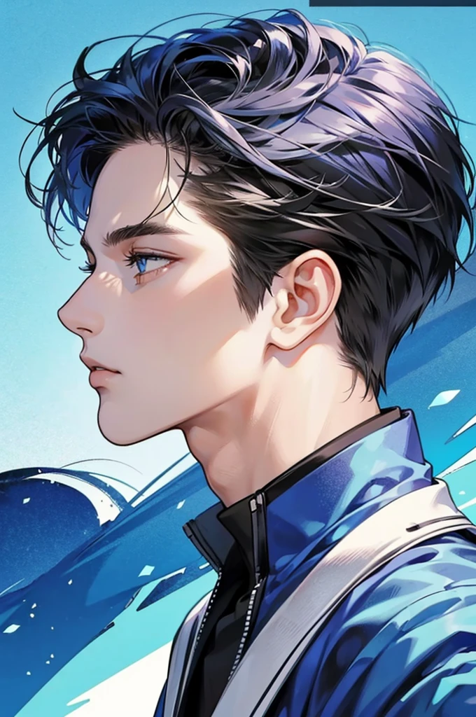 [best quality, ultra-detailed, realistic:1.37], side view portrait of a 20-year-old handsome boy with striking features, [blue] background, anime comics version