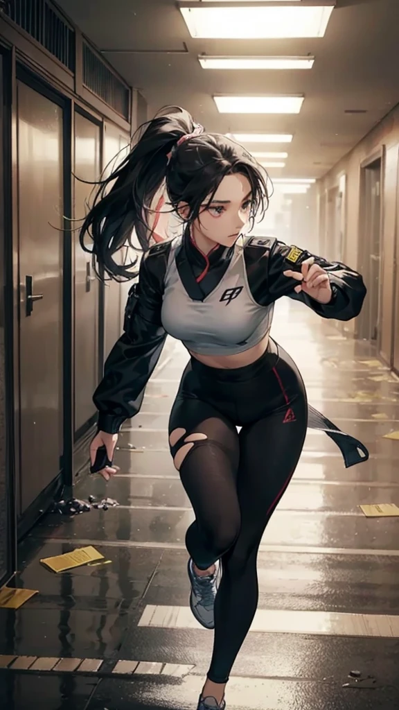 A beautiful woman named Bai Lu is dressed in a sleek and practical workout outfit, perfect for a survival game, inside a modern, abandoned building. The outfit includes a form-fitting, moisture-wicking top and durable, flexible leggings, designed for both comfort and mobility. She has sturdy, supportive running shoes, and her hair is tied back in a high ponytail to keep it out of her face. Accessories include fingerless gloves for better grip and a utility belt with small survival tools. The background shows a dimly lit, deserted hallway with broken windows, debris scattered around, and flickering lights, creating an atmosphere of danger and suspense. Bai Lu's expression is determined and focused, ready to face whatever comes her way in this survival scenario