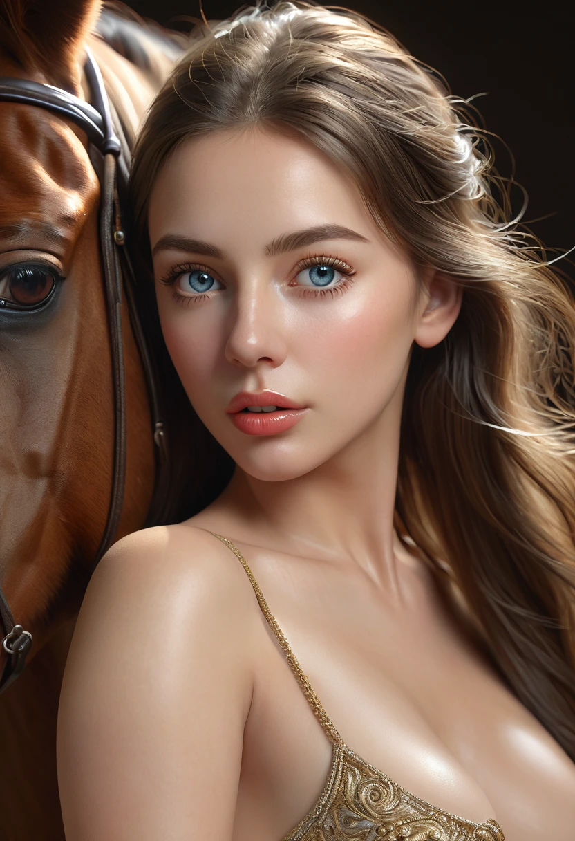 a nude woman riding a horse, beautiful detailed eyes, beautiful detailed lips, extremely detailed eyes and face, long eyelashes, realistic, photorealistic, photo-realistic:1.37, (best quality,4k,8k,highres,masterpiece:1.2),ultra-detailed, vivid colors, studio lighting, physically-based rendering, professional, portrait