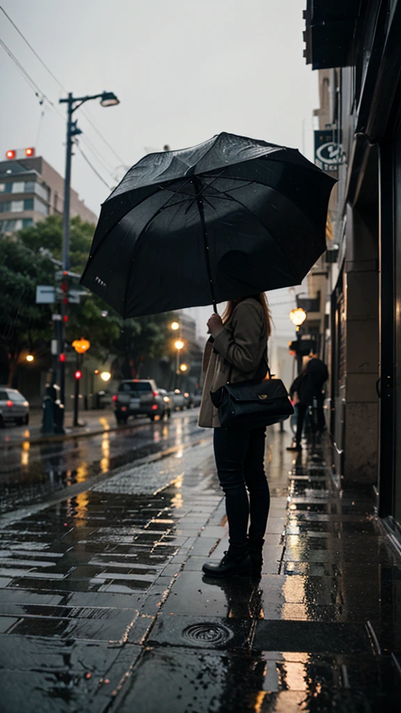 City of night Rain falling on the sidewalk