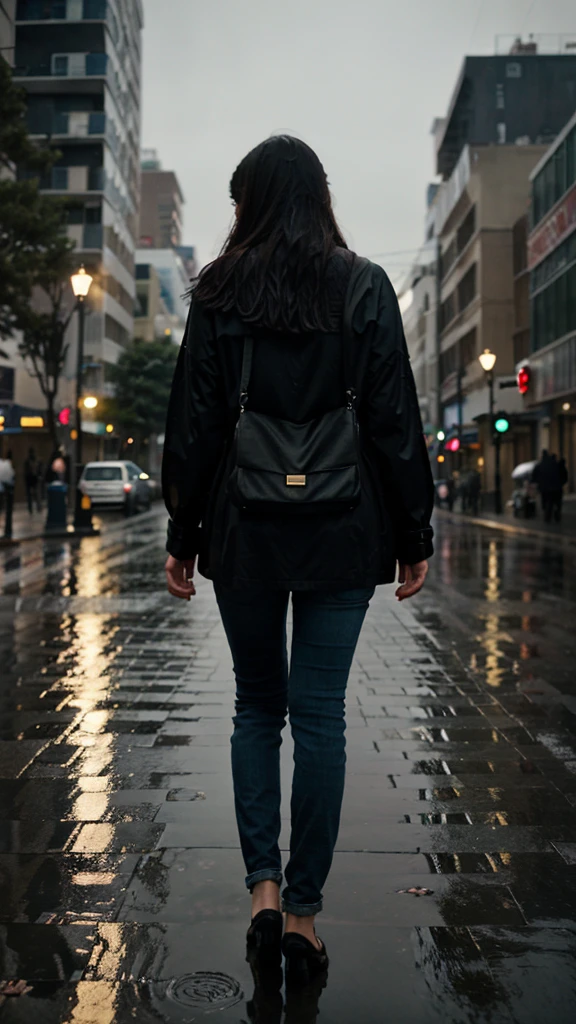 City of night Rain falling on the sidewalk