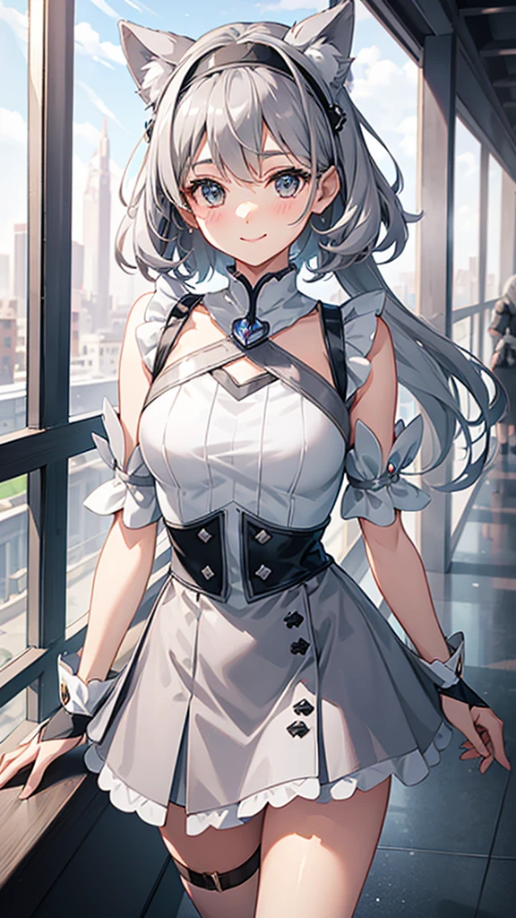 Magical girl　Grey Costume　Grey medium hair　Short mini skirt　No sleeve　Long gloves　Headband　blush　smile　standing facing this way　universe space