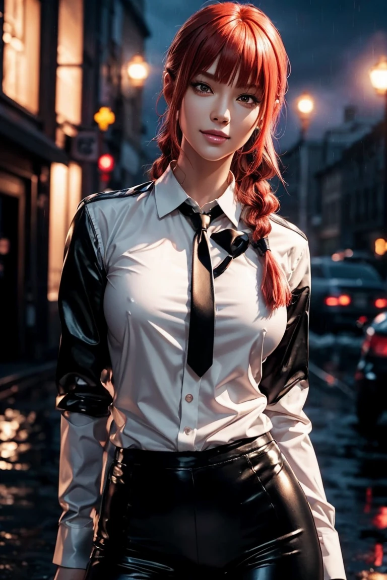 Chainsaw Man,Makima,With bangs,Red Hair,Braids at the back,Golden Eyes,White long sleeve shirt,Black tie,Black Leather Pants,Ultra HD,super high quality,masterpiece,Digital SLR,Photorealistic,Detailed details,Vivid details,Depicted in detail,A detailed face,Detailed details,Super Detail,Realistic skin texture,Anatomical basis,Perfect Anatomy,Anatomically correct hand,Anatomically correct fingers,Complex 3D rendering,Sexy pose,Rainy Sky,Beautiful scenery,Fantastic rainy sky,Picturesque,Pink Lips,smile,