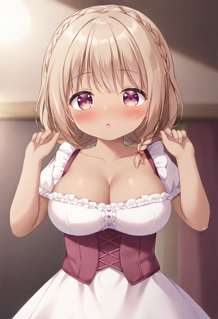 Cute little beautiful girl、Young face、Big Breasts、(A sweet and adorable blush:1.3)、Beautiful Eyes、Brown skin、Braid、Frills、From below、Crouch down