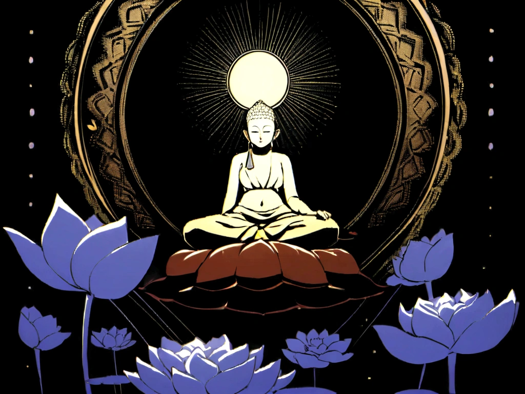 Bouddha regardant vers le bas, assis sur une fleur de lotus. Contraste Cascade 8K1:1