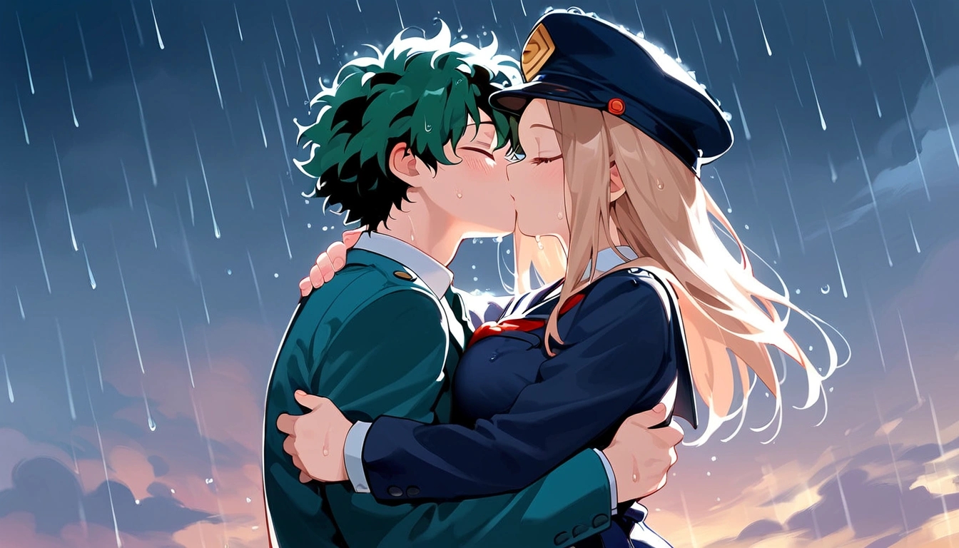 anime artwork, score_9, score_8_up, score_7_up, score_6_up, score_5_up, score_4_up, r,Camie Utsushimi, light brown hair, dark brown eyes,, , , big breool uniform:1.2), standing, cap, she is 24 years old, wet whirt, ,horny, , , , styl1boy, Izuku Midoriya, kissing, outdoors, raining, blush, wet, dark atmoshpere, They are completely soaked, evening, gaps in the clouds, his hands on her hips, hugging, closed eyes