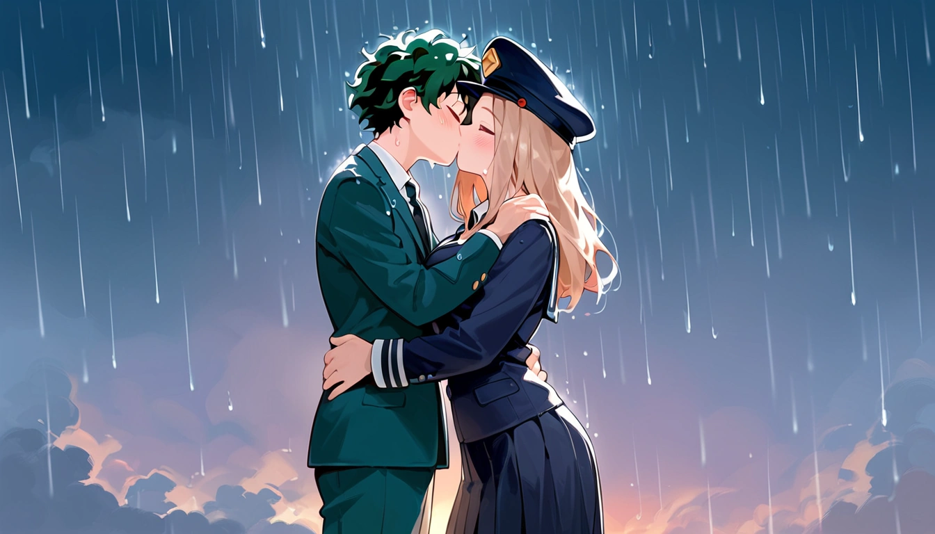 anime artwork, score_9, score_8_up, score_7_up, score_6_up, score_5_up, score_4_up, r,Camie Utsushimi, light brown hair, dark brown eyes,, breasts, , big breasts, (school uniform:1.2), standing, cap, she is 24 years old, wet whirt, ,horny, , , , style_3, 1boy, Izuku Midoriya, kissing, outdoors, raining, blush, wet, dark atmoshpere, They are completely soaked, evening, gaps in the clouds, his hands on her hips, hugging, closed eyes