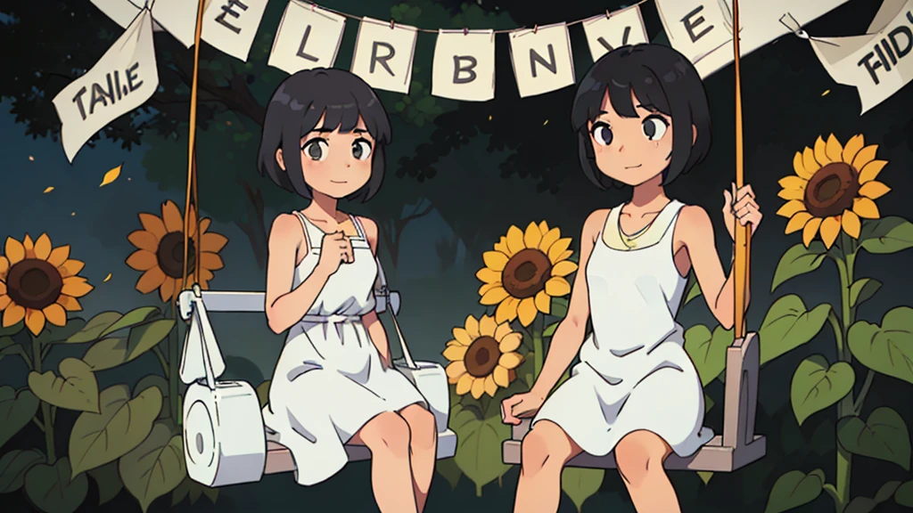 1girl, indonesian, 20th age, beautiful, white skin, thin chin, white beautifull dress, sitting on a swing, body facing camera, black hair, short wave hair, anime style, sunflower garden background, anime style