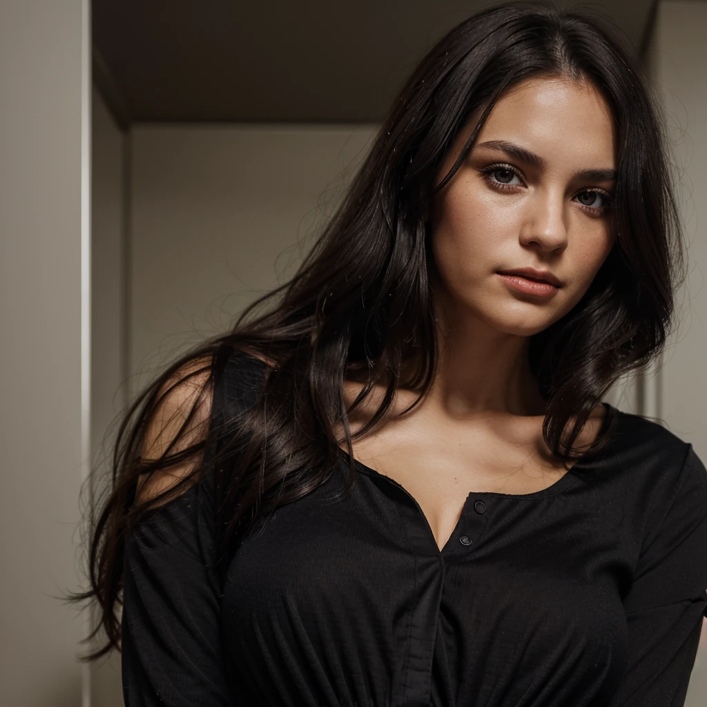 I want you to create a woman of dark brunette color, medium height, weighing 70 kilos, black eye color and with closed, modern, well-behaved clothes, a closed blouse with no neckline, red, very long, black hair.