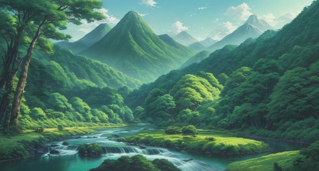 A river flowing through a lush green forest,Painting with a mountain in the background, Matte inspired by Matsumura Goharu, Pixiv Featured, Concept Art, Anime rural scenery, Anime Landscape, Anime Landscape, beautiful Anime Landscape, Anime Landscape wallpaper, Anime beautiful peaceful scene, Anime Nature, Anime Background Art, Distant forest, Anime Nature wallpap