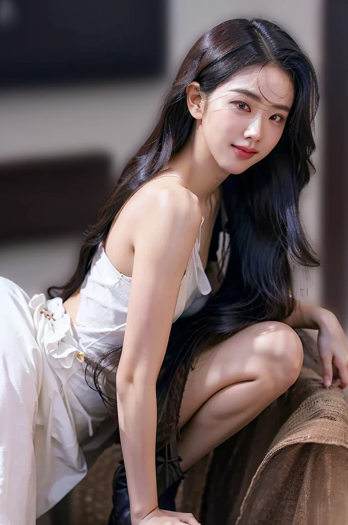 raw photo, best quality, photorealistic, masterpiece, Leah Dion, wavy long hair, black hair, just apron, large breast, cleavage, ass, buttocks, beautifull face, smile, fullbody view, from bellow, kitchen, detailed skin, pore, detailed background, finely detailed, dslr