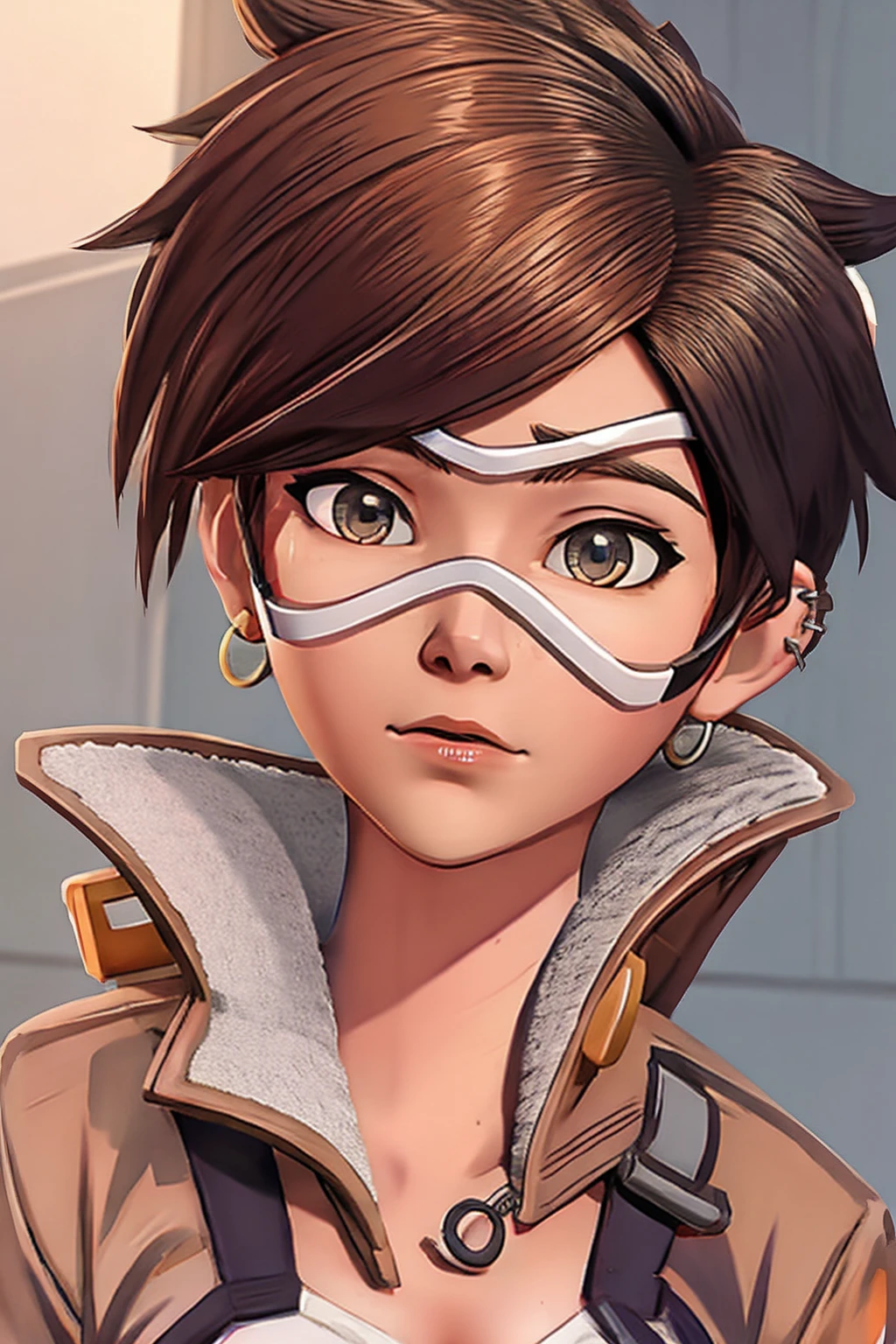 VHS cover for a porn starring tracer. hoop-earings. biting her lip. naked. nude. slut. small_boobs. freckles. pornstar nsfw