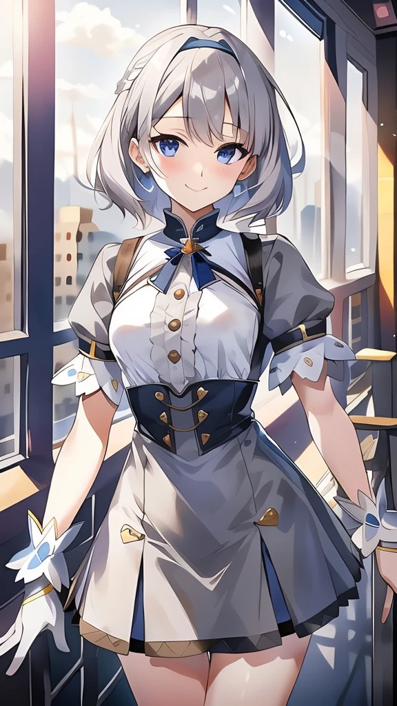 Magical girl Grey Costume Grey medium hair Short mini skirt No sleeve Long gloves Headband blush smile standing facing this way universe space