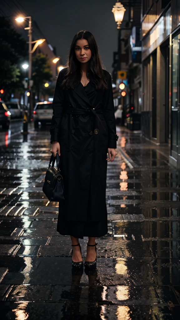 City of night Rain falling on the sidewalk