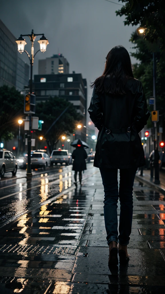 City of night Rain falling on the sidewalk