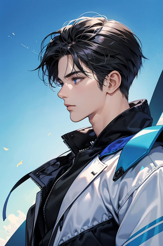 [best quality, ultra-detailed, realistic:1.37], side view portrait of a 20-year-old handsome boy with striking features, [blue] background, anime comics version