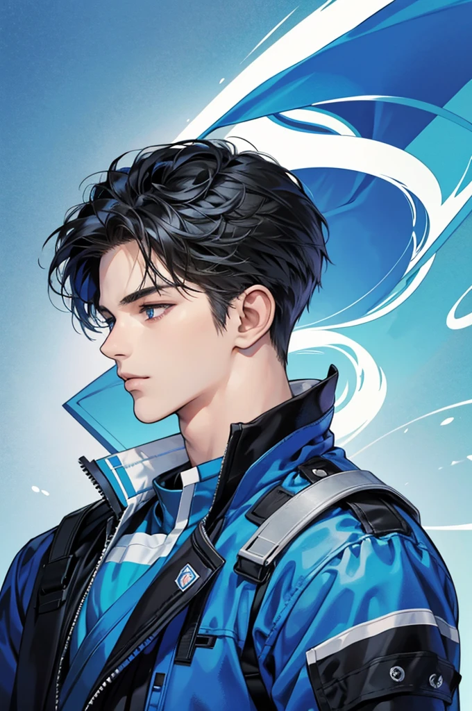 [best quality, ultra-detailed, realistic:1.37], side view portrait of a 20-year-old handsome boy with striking features, [blue] background, anime comics version