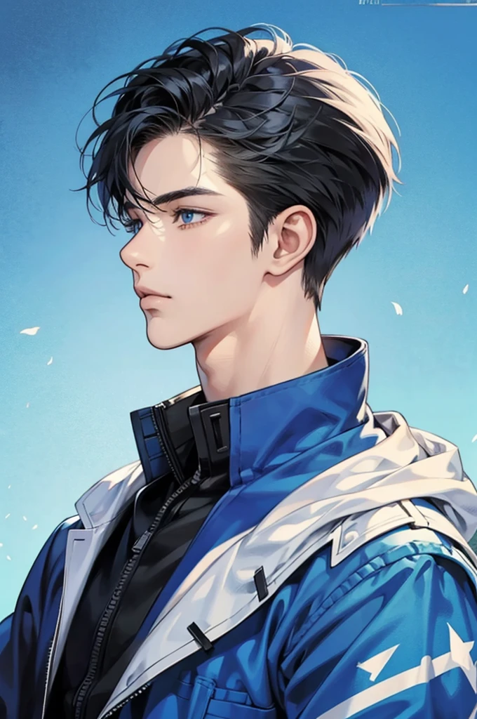[best quality, ultra-detailed, realistic:1.37], side view portrait of a 20-year-old handsome boy with striking features, [blue] background, anime comics version
