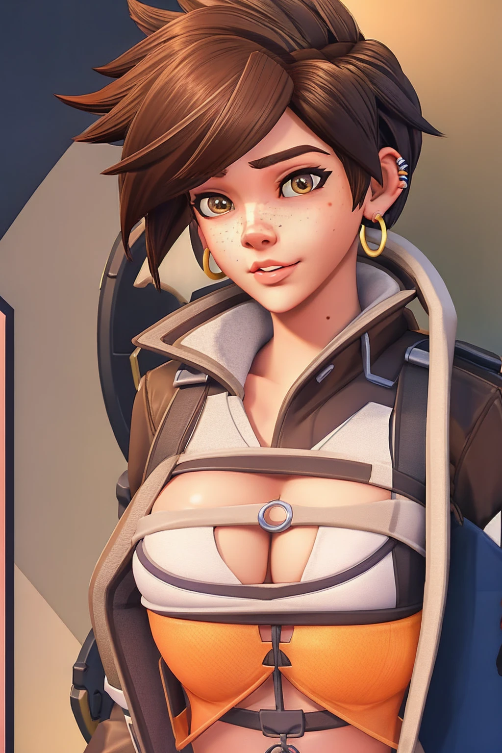 VHS cover for a porn starring tracer. hoop-earings. biting her lip. naked. nude. slut. small_boobs. freckles. pornstar nsfw