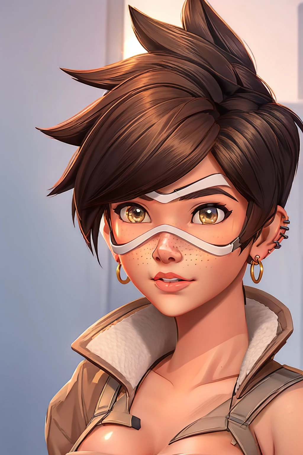 VHS cover for a porn starring tracer. hoop-earings. biting her lip. naked. nude. slut. small_boobs. freckles. pornstar nsfw