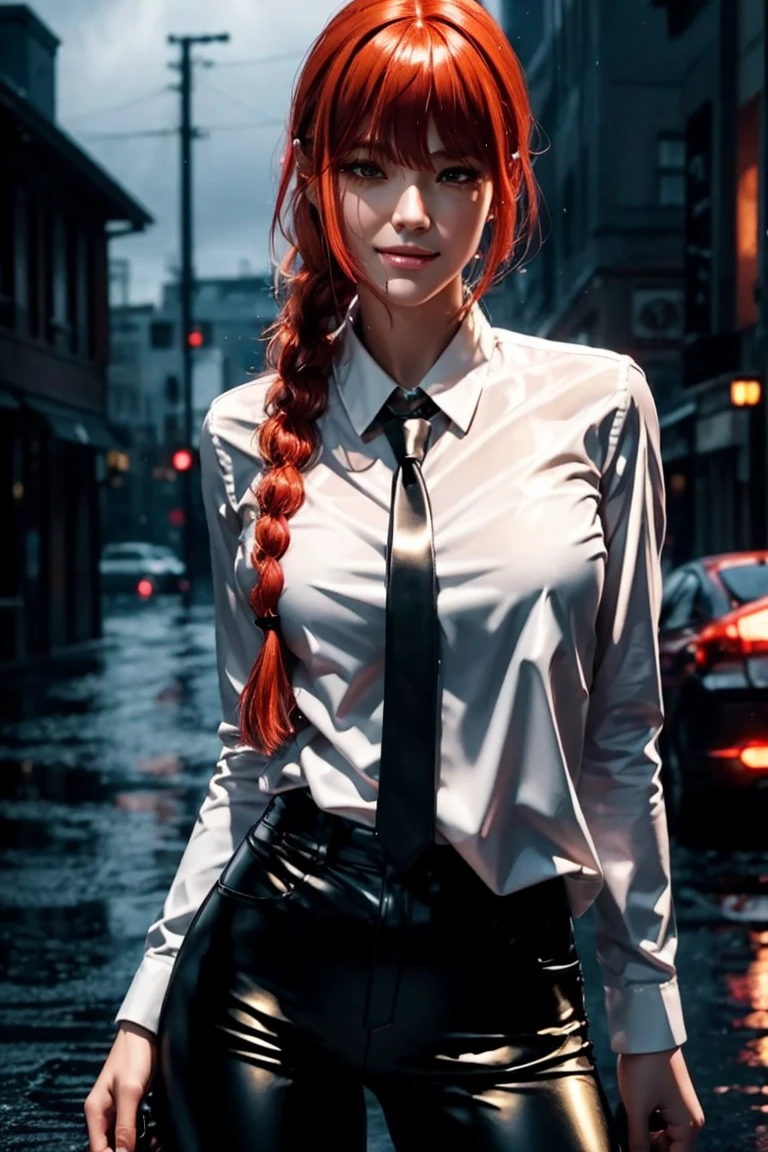 Chainsaw Man,Makima,With bangs,Red Hair,Braids at the back,Golden Eyes,White long sleeve shirt,Black tie,Black Leather Pants,Ultra HD,super high quality,masterpiece,Digital SLR,Photorealistic,Detailed details,Vivid details,Depicted in detail,A detailed face,Detailed details,Super Detail,Realistic skin texture,Anatomical basis,Perfect Anatomy,Anatomically correct hand,Anatomically correct fingers,Complex 3D rendering,Sexy pose,Rainy Sky,Beautiful scenery,Fantastic rainy sky,Picturesque,Pink Lips,smile,