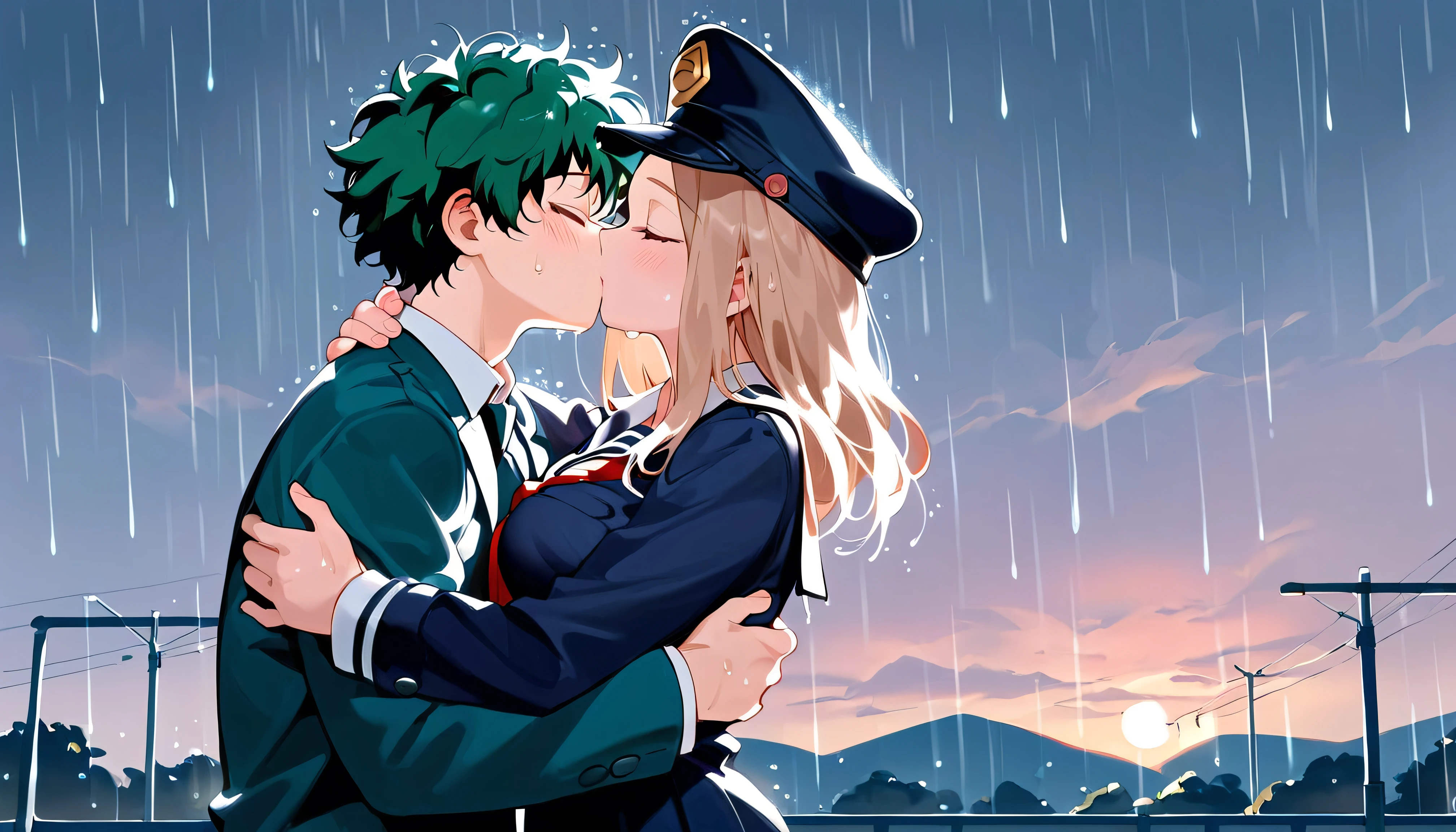 anime artwork, score_9, score_8_up, score_7_up, score_6_up, score_5_up, score_4_up, r,Camie Utsushimi, light brown hair, dark brown eyes,, breasts, , big breasts, (school uniform:1.2), standing, cap, she is 24 years old, wet whirt, ,horny, , , , style_3, 1boy, Izuku Midoriya, kissing, outdoors, raining, blush, wet, dark atmoshpere, They are completely soaked, evening, gaps in the clouds, his hands on her hips, hugging, closed eyes