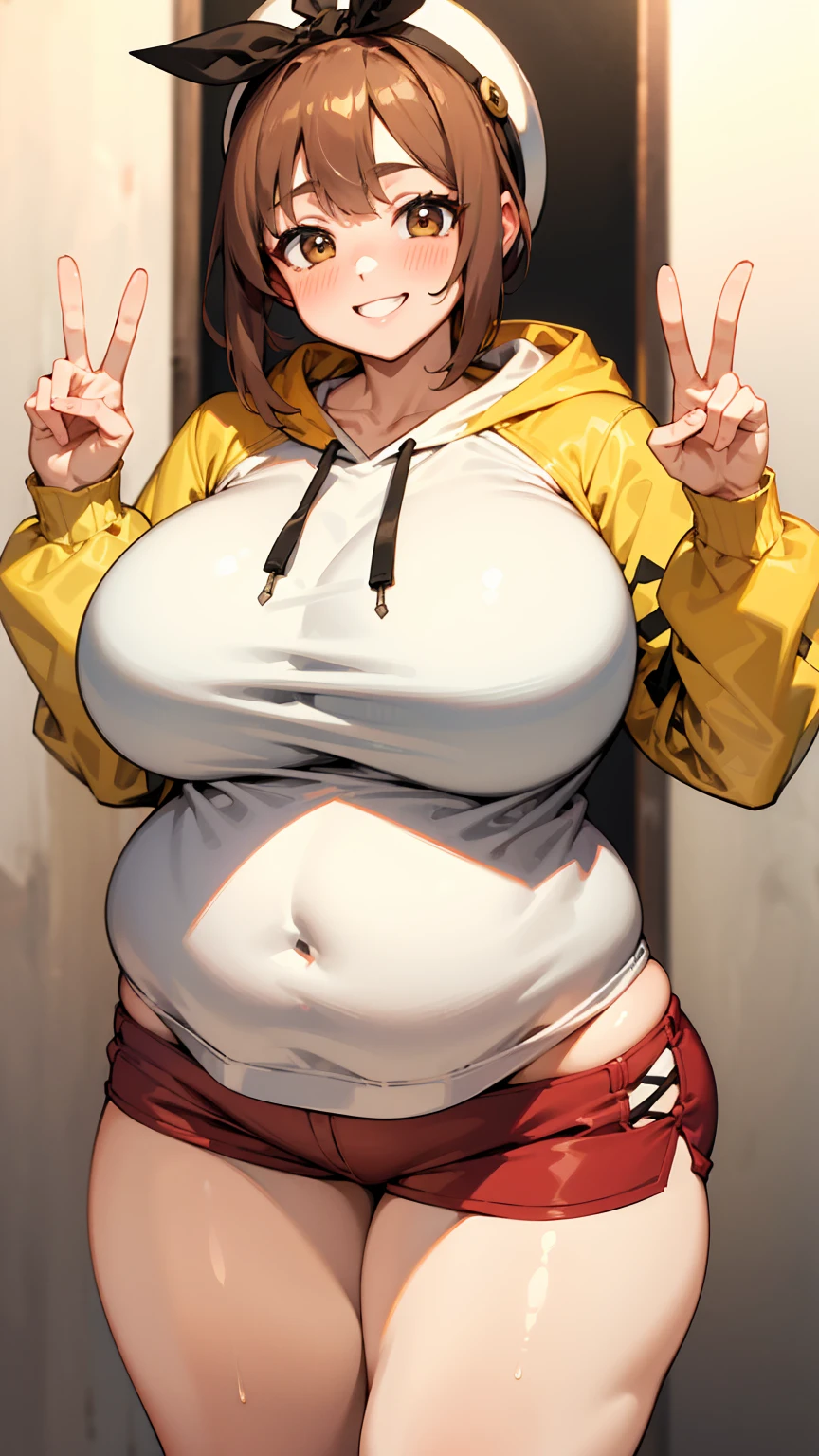 (peace sign),Reisalin Stout,White hat,Yellow hoodie,Red shorts,Blushing cheeks,smile,Big Breasts,Plump,Thighs,Brown eyes,Brown Hair,short hair,1 Girl,Town,master piece , best quality,(high resolution)