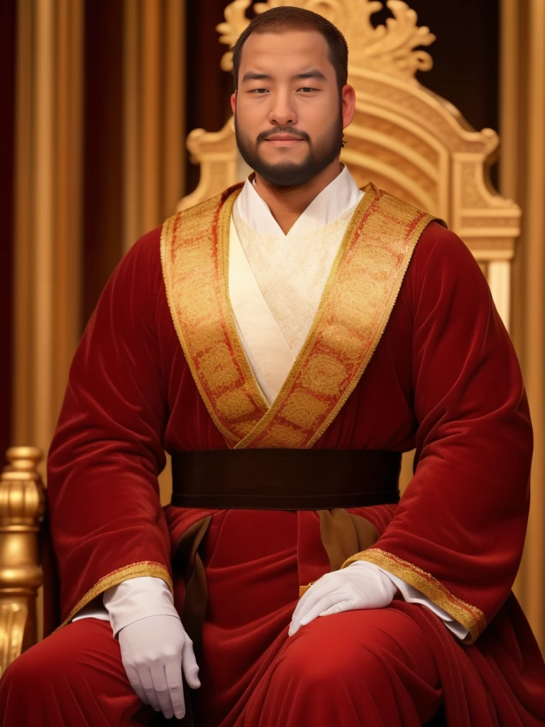 crew cut, mature man, [slightly fat], asian man, brown eyes, rounded face, slightly balding, (big shoulders), (((stubbles, Short beard))), (((full beard))), (Beautiful eyes:1.3), (Detailed face:1.3), king costume, in the royal palace, throne, red king robe, a crown on his head, korean king, joseon dynasty,