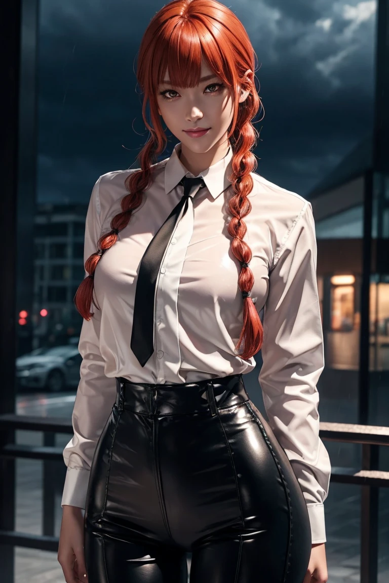 Chainsaw Man,Makima,With bangs,Red Hair,Braids at the back,Golden Eyes,White long sleeve shirt,Black tie,Black Leather Pants,Ultra HD,super high quality,masterpiece,Digital SLR,Photorealistic,Detailed details,Vivid details,Depicted in detail,A detailed face,Detailed details,Super Detail,Realistic skin texture,Anatomical basis,Perfect Anatomy,Anatomically correct hand,Anatomically correct fingers,Complex 3D rendering,Sexy pose,Rainy Sky,Beautiful scenery,Fantastic rainy sky,Picturesque,Pink Lips,smile,