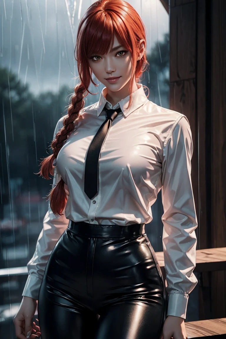 Chainsaw Man,Makima,With bangs,Red Hair,Braids at the back,Golden Eyes,White long sleeve shirt,Black tie,Black Leather Pants,Ultra HD,super high quality,masterpiece,Digital SLR,Photorealistic,Detailed details,Vivid details,Depicted in detail,A detailed face,Detailed details,Super Detail,Realistic skin texture,Anatomical basis,Perfect Anatomy,Anatomically correct hand,Anatomically correct fingers,Complex 3D rendering,Sexy pose,Rainy Sky,Beautiful scenery,Fantastic rainy sky,Picturesque,Pink Lips,smile,