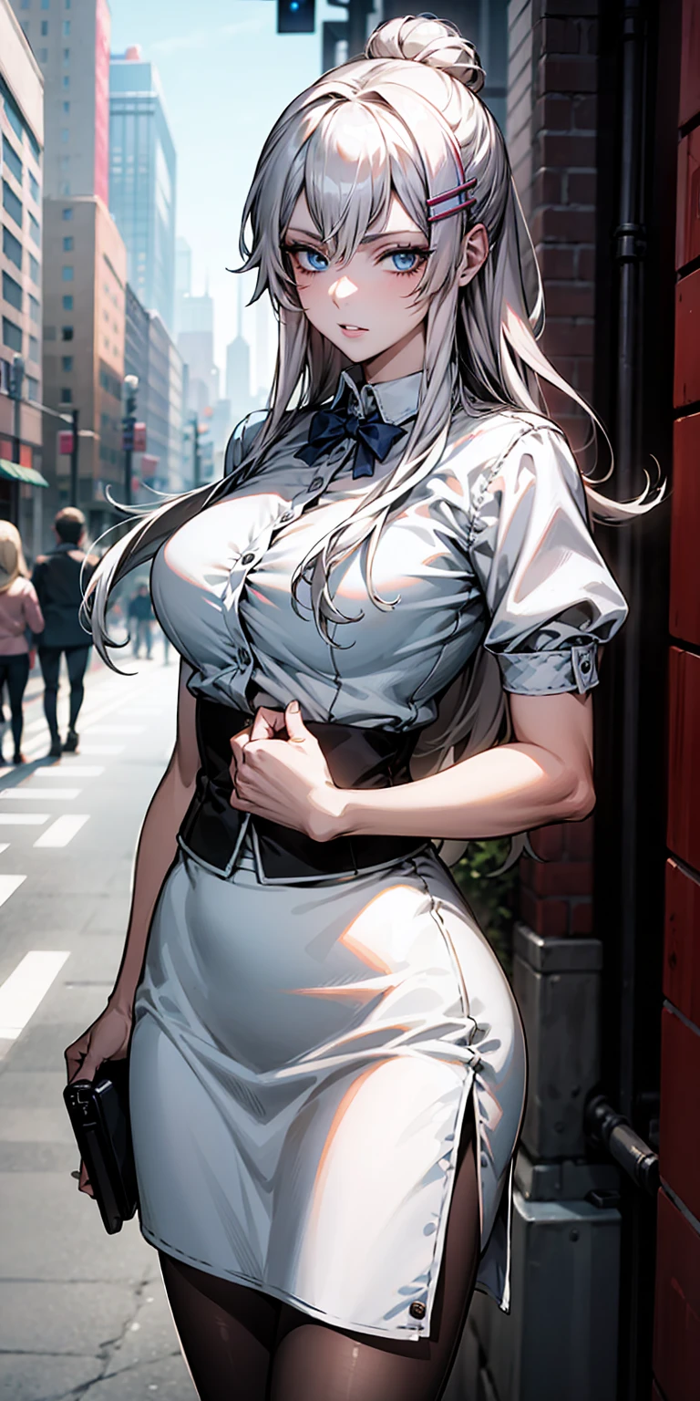 Ridiculous resolution, high resolution, (masterpiece:1.4), Extremely detailed, 1 Girl,blue eyes, Long blond hair，White skirt, White handbags、Pantyhose、City Streets,Sexy pose, The camera is close to your body