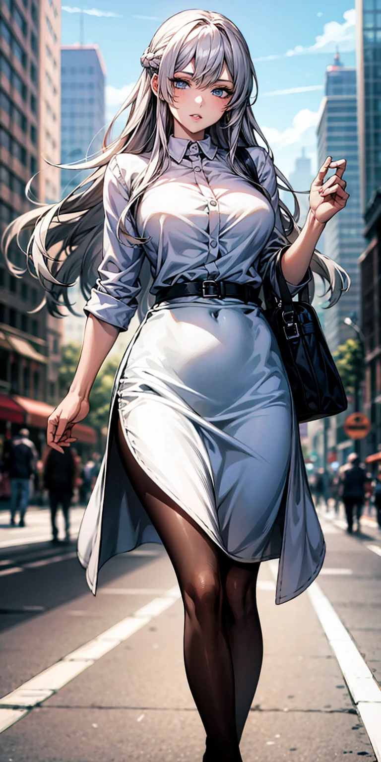 Ridiculous resolution, high resolution, (masterpiece:1.4), Extremely detailed, 1 Girl,blue eyes, Long blond hair，White skirt, White handbags、Pantyhose、City Streets,Sexy pose, The camera is close to your body