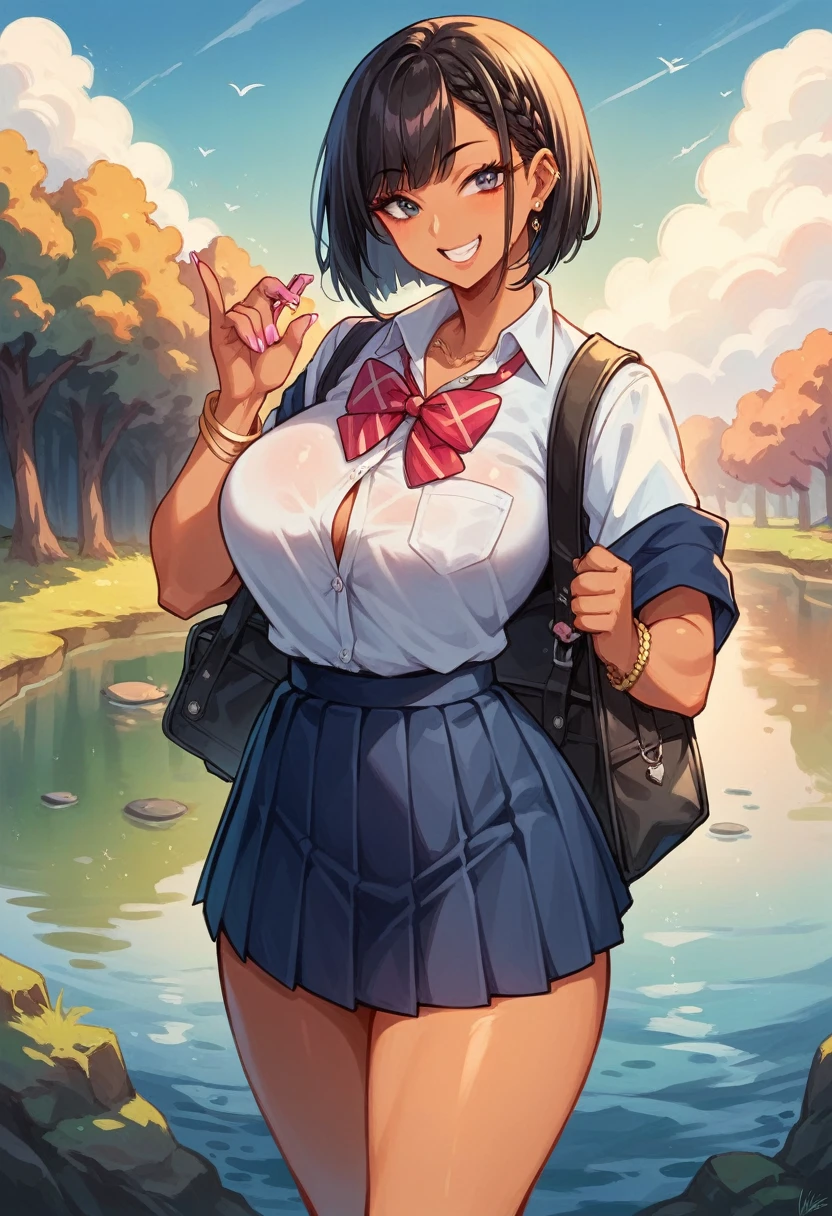 ((sexy young 2girl ,gyaru))nsfw,glamorous, glamorous, voluptuous, curvy,black braids ,bob cut black hair,stand,((school uniform,))river,fair skin, pale skin,happy smile.flushing