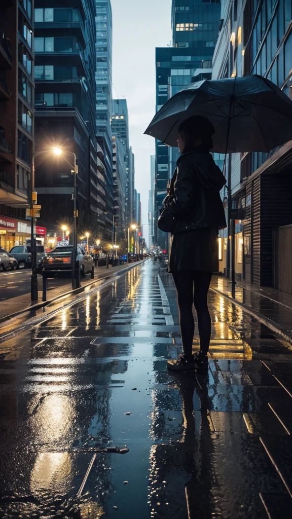 City of night Rain falling on the sidewalk