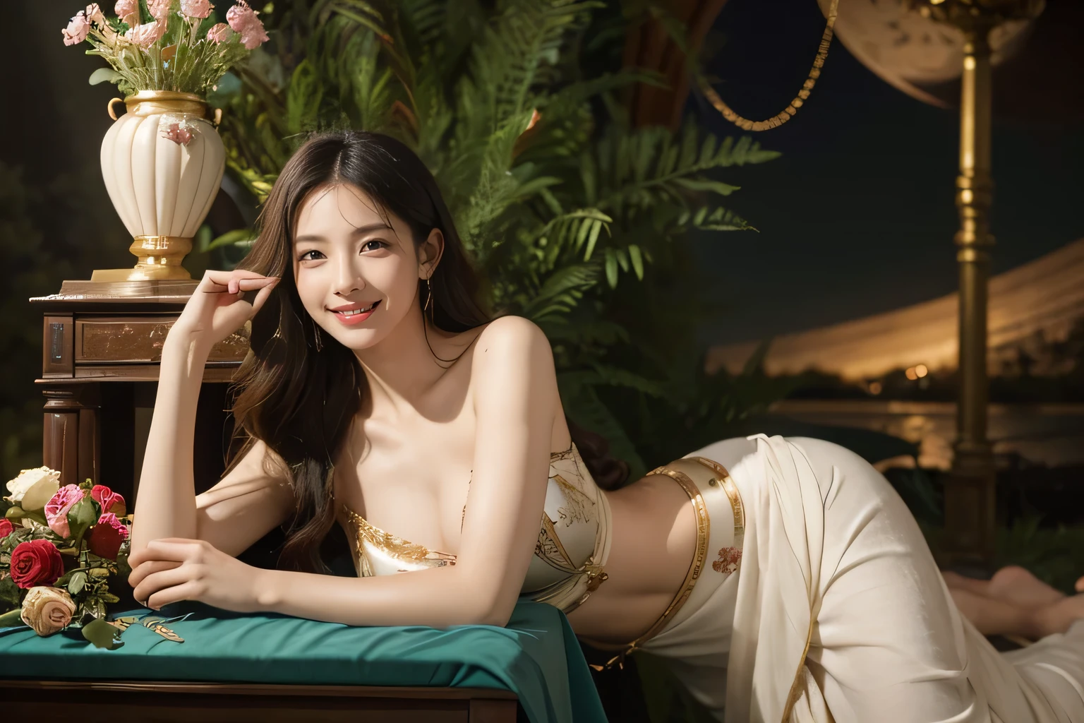Giorgione painting style,Arguments of two female Philosophe,math、astronomical machine、astronaut、roses in vase、fruits、Cute trinkets、smile、ancient greek costume、Background is a forest lake at night 、Clothes that stretch your shoulders、A big smile、beautiful bare skin、A detailed representation of the seducing woman throughout her body.sexy,erotic smile