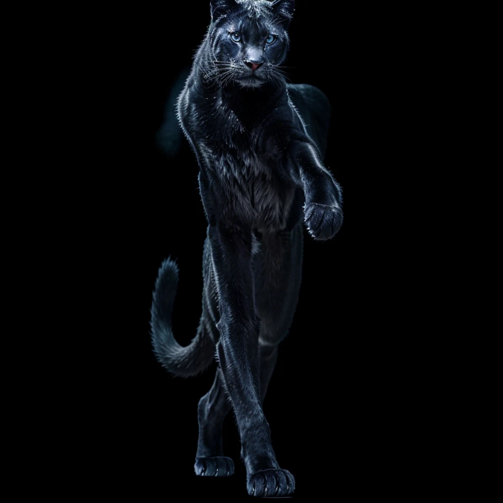 Complete full body image and very real. A female panther, she walks gracefully on two legs, black fur with deep indigo blue slitted eyes. Photorealism, full view, highly detailed image, very realistic, hyperrealism, Ultra HD, 8k, 5, sharp focus, intricate and mysterious masterpiece. (Long exposure photography Very detailed close-up portrait artistic illustration: final quality, medium shot, backlight, Rich and striking. Enigmatic and mysterious manipulations (composition of the rule of thirds), ((detailed environment with strong lines) The best quality, in camera, white light, warm and clean aesthetics, dazzling screen composed of millions of brilliant ultraviolet rays, HDR.
