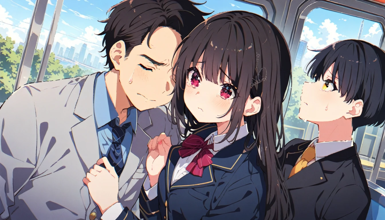 A middle-aged man is touching the buttocks of a crying girl in a blazer uniform with black bob hair who is holding on to the handrail of a train