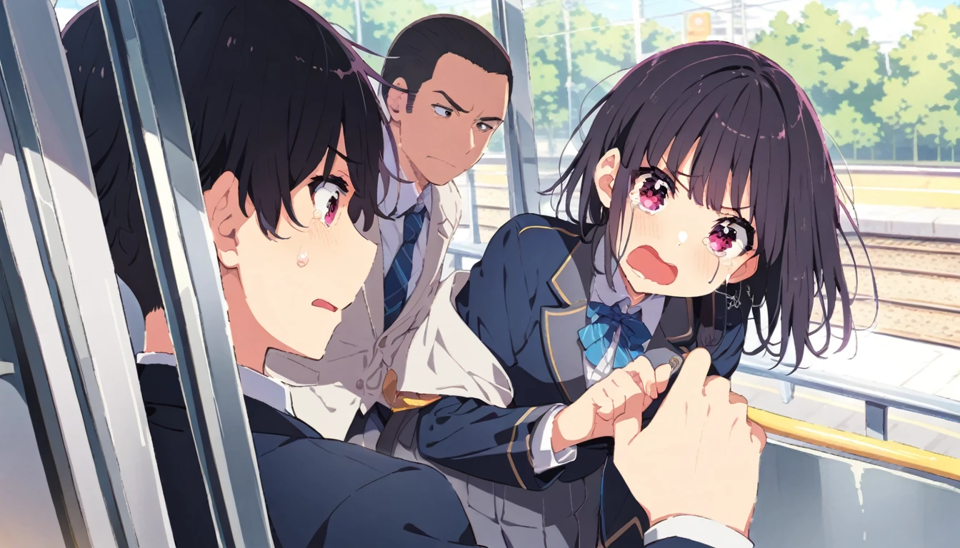 A middle-aged man is touching the buttocks of a crying girl in a blazer uniform with black bob hair who is holding on to the handrail of a train