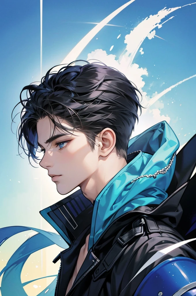 [best quality, ultra-detailed, realistic:1.37], side view portrait of a 20-year-old handsome boy with striking features, [blue] background, anime comics version