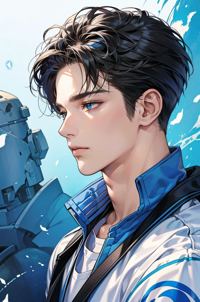 [best quality, ultra-detailed, realistic:1.37], side view portrait of a 20-year-old handsome boy with striking features, [blue] background, anime comics version