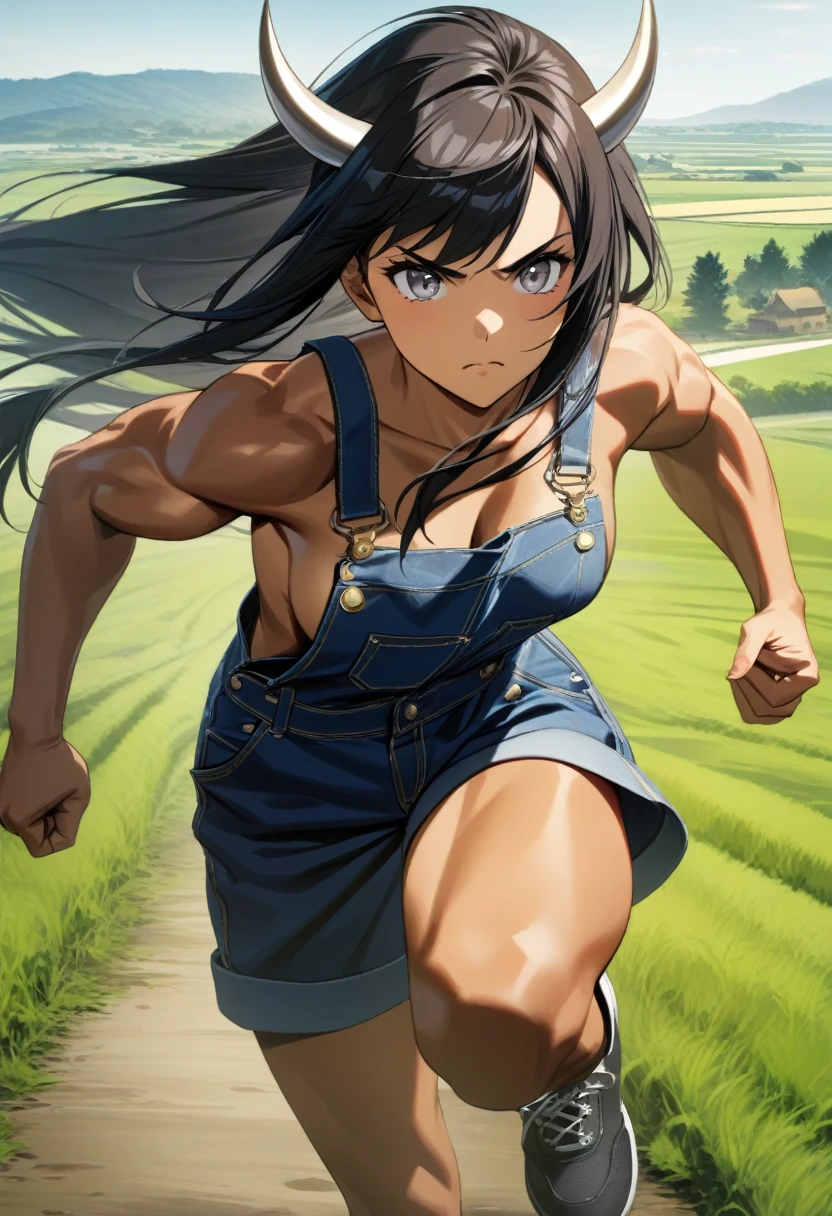 1girl, running, minotaur, serious, muscular, tanned skin, gray eyes, white horns, overalls, no shirt, slick black hair, straight long hair, farmland, masterpiece quality, ultra HD, 4K, best quality,